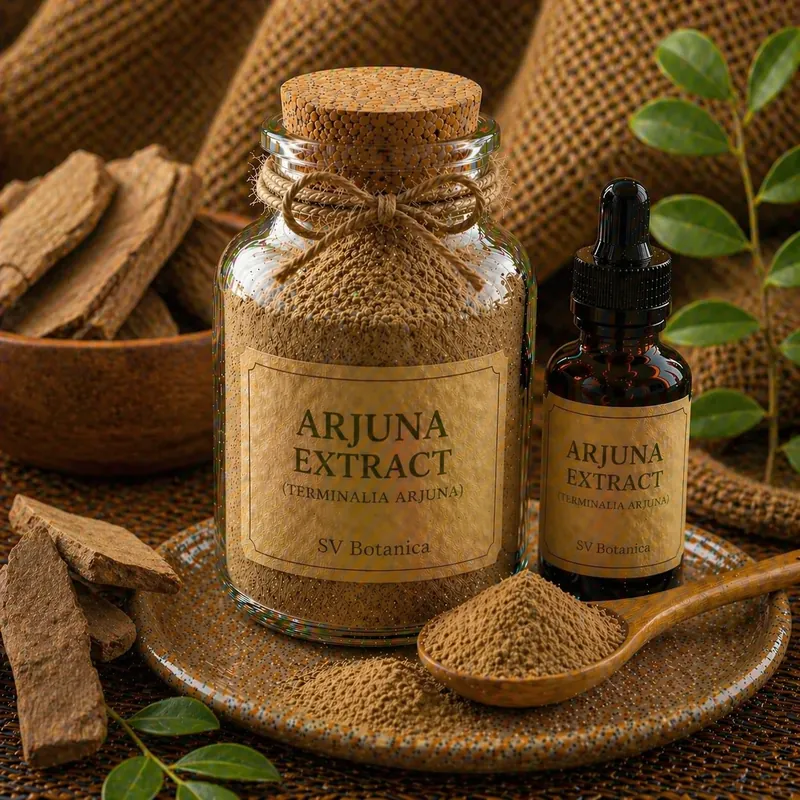 Arjuna bark extract powder (Terminalia arjuna) standardised on tannins with arjunolic acid marker profile — light brown to reddish brown stem bark extract, SV Botanica India
