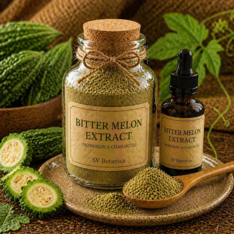 Bitter melon extract powder (Momordica charantia, karela) standardised to charantin, seed-free — light green to olive-green fruit extract, SV Botanica India