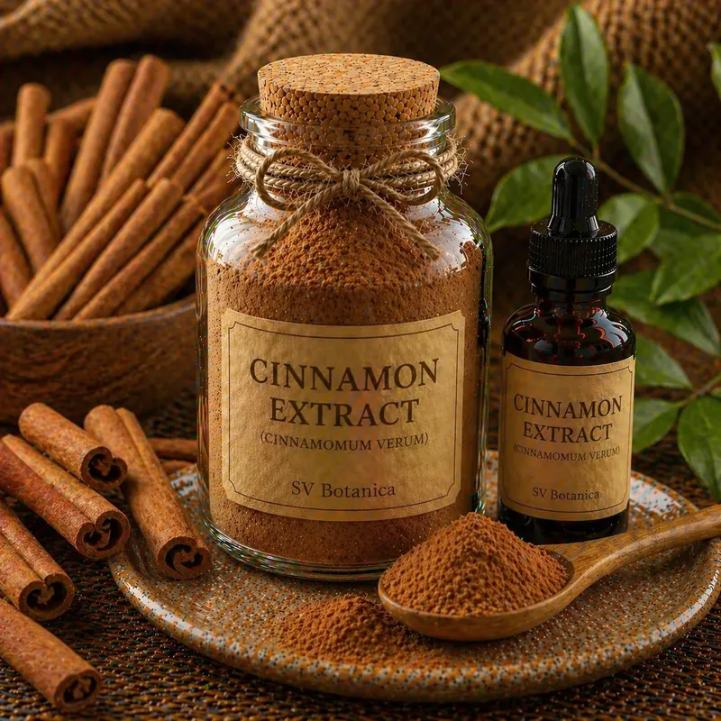 Cinnamon bark extract powder (Cinnamomum verum Ceylon and Cinnamomum cassia) standardised to polyphenols with coumarin declared — light brown to reddish-brown bark extract, SV Botanica India