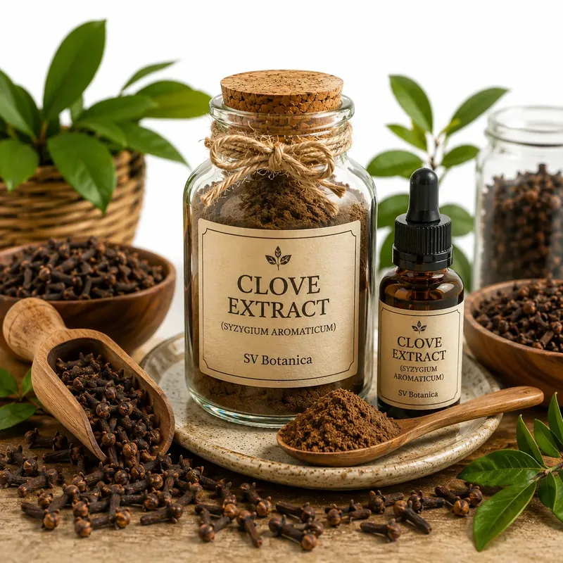 Clove extract powder (Syzygium aromaticum) standardised to eugenol 60–70% by GC — brown to dark brown flower-bud extract, SV Botanica India