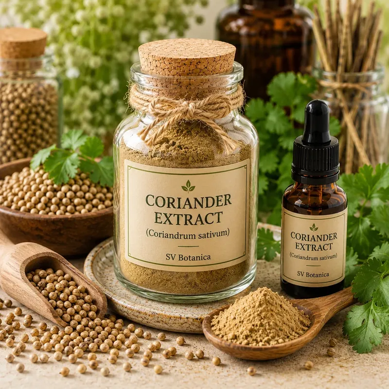 Coriander seed extract powder (Coriandrum sativum) standardised for linalool by GC — pale tan to cream seed extract, SV Botanica India