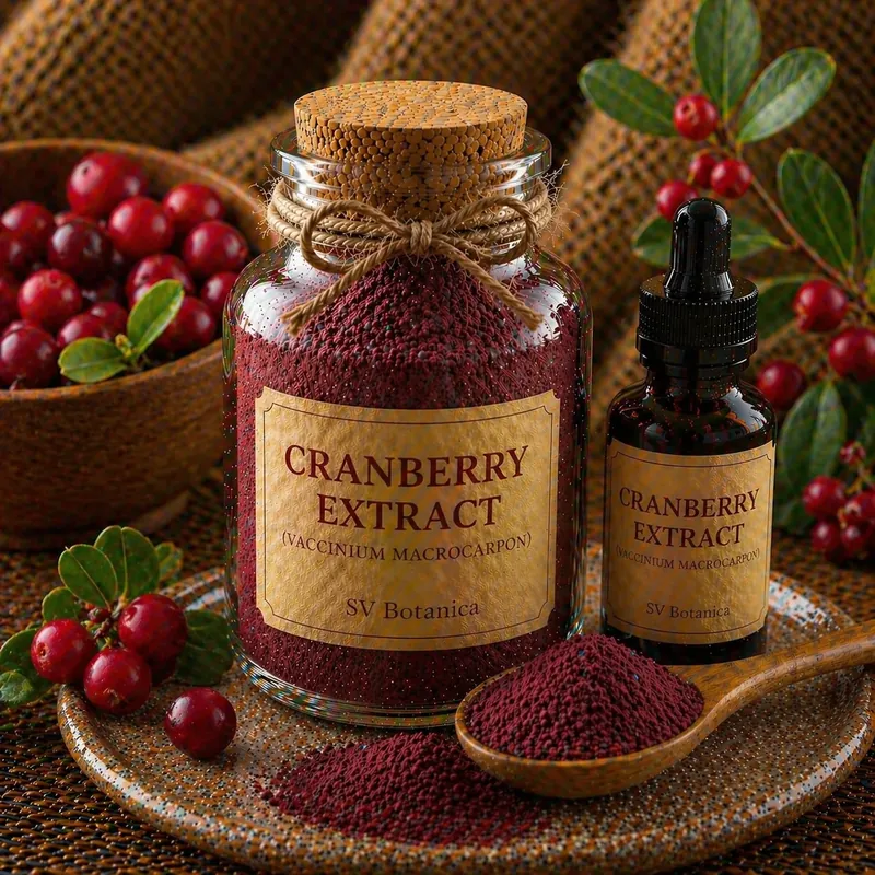 Cranberry extract powder (Vaccinium macrocarpon) standardised for proanthocyanidins by BL-DMAC — dark red to maroon water-soluble fruit extract, SV Botanica India