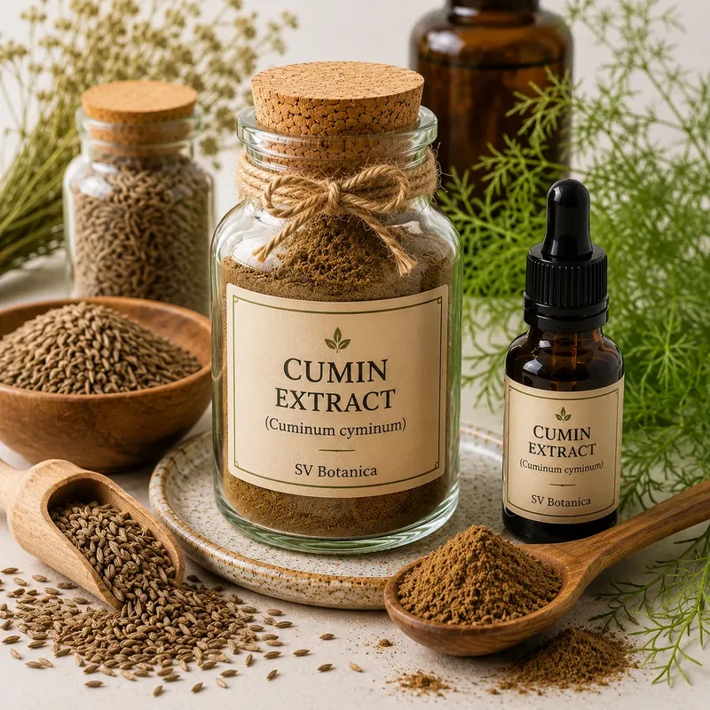 Cumin extract powder (Cuminum cyminum) standardised to cuminaldehyde 25–35% by GC — light tan to brownish-yellow seed extract, SV Botanica India
