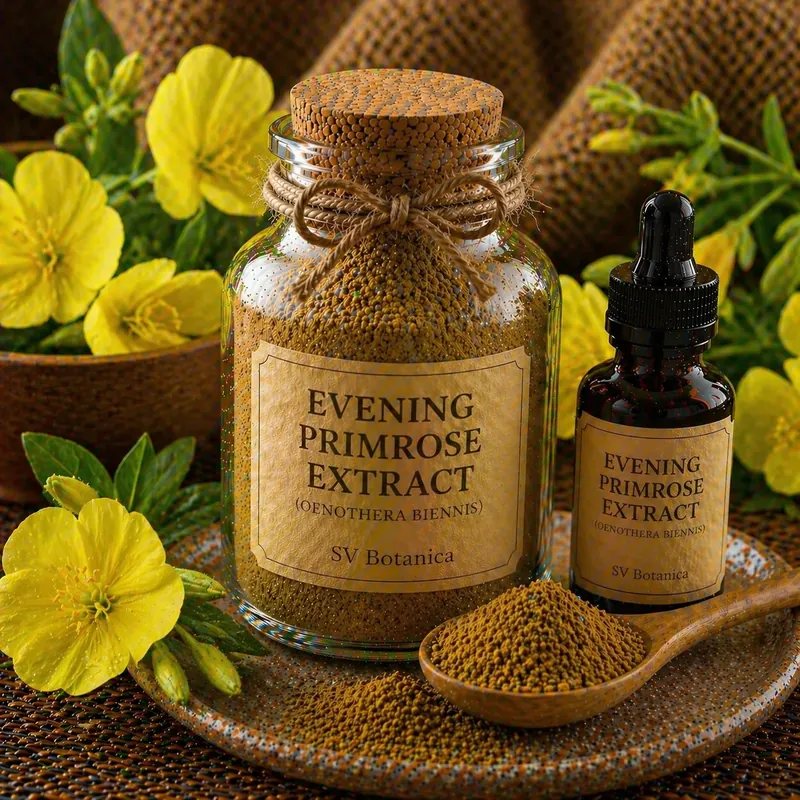 Evening primrose extract (Oenothera biennis) standardised to 8-10% GLA by GC — light yellow to cream seed-derived powder and softgel-grade oil, SV Botanica India