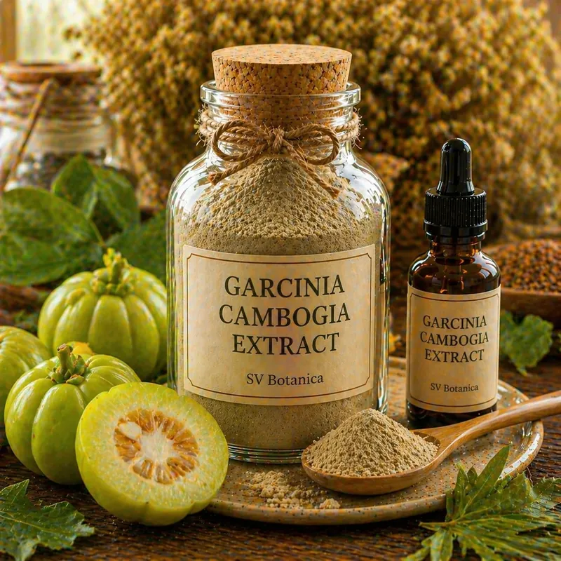 Garcinia cambogia extract powder (Garcinia gummi-gutta, Malabar tamarind) standardised to hydroxycitric acid 60% — off-white to light tan fruit rind extract, SV Botanica India