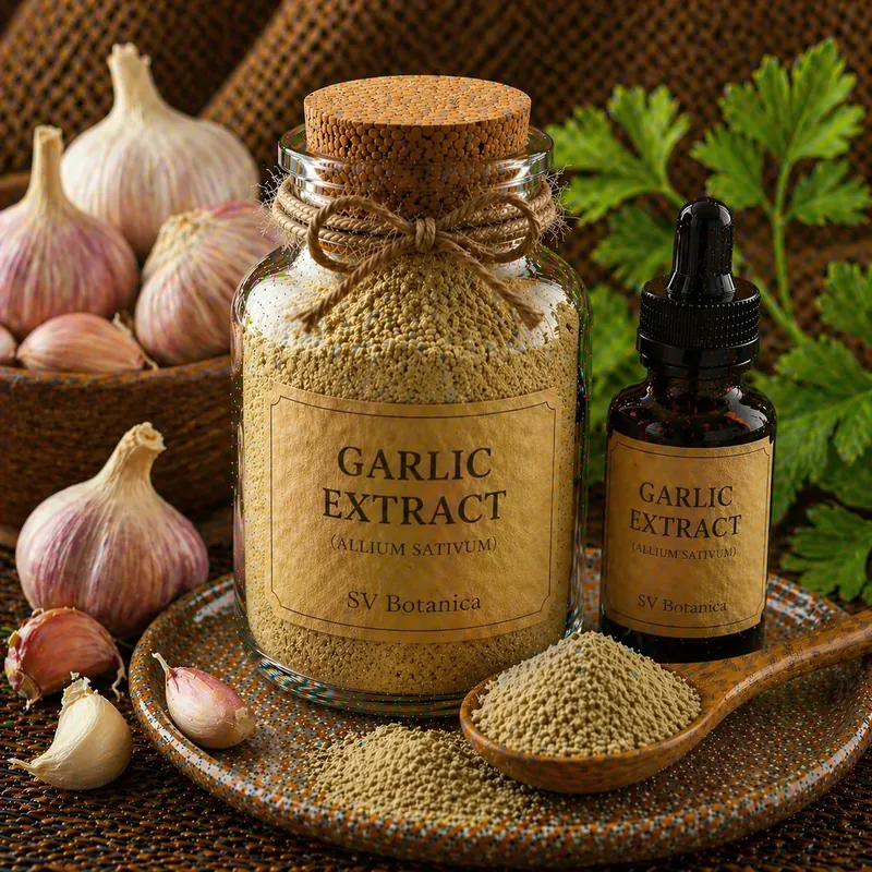 Garlic bulb extract powder (Allium sativum) standardised on alliin and allicin yield — off-white to cream powder, SV Botanica India