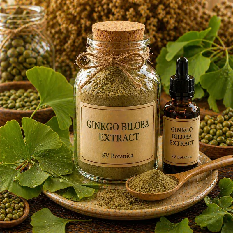 Ginkgo biloba leaf extract powder standardised to 24% flavone glycosides and 6% terpene lactones with ginkgolic acid below 5 ppm — brown to yellowish-brown leaf extract, SV Botanica India