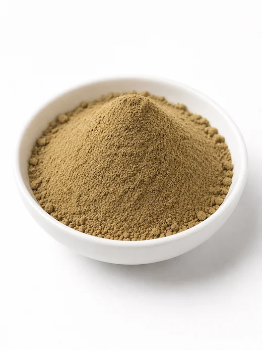 Gokshura fruit extract powder (Tribulus terrestris) standardised for saponins and protodioscin — greenish-tan fine powder, SV Botanica India