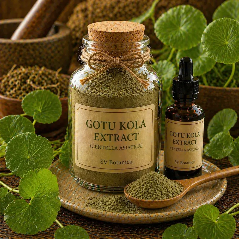 Gotu kola extract powder (Centella asiatica, mandukaparni) standardised to total triterpenes with the individual split reported — brown to dark green whole-herb extract, SV Botanica India