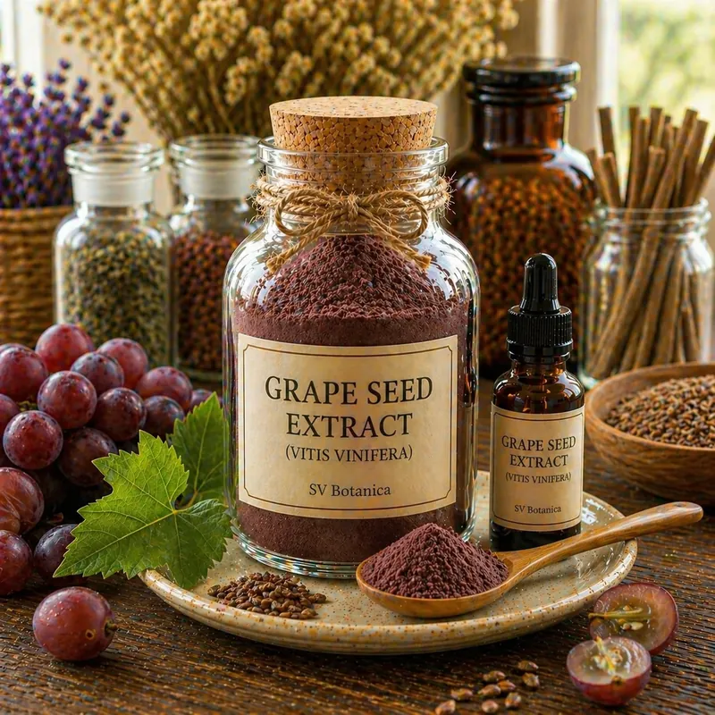 Grape seed extract powder (Vitis vinifera) standardised to proanthocyanidins 95% — light tan to reddish-brown seed extract, SV Botanica India