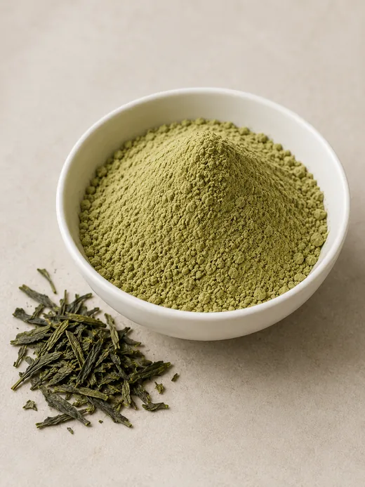 Green tea extract powder (Camellia sinensis) standardised for catechins and EGCG — pale green fine powder with loose green tea leaves, SV Botanica India