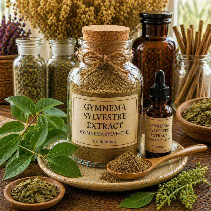 Gymnema sylvestre leaf extract powder (gurmar) standardised to gymnemic acids 25% with method declared — green to dark green leaf extract, SV Botanica India