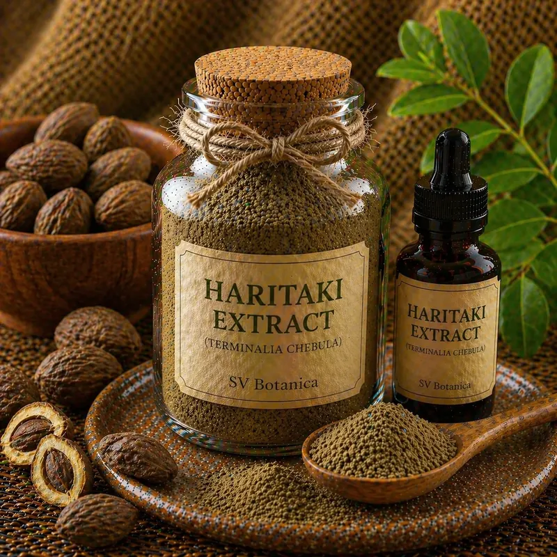 Haritaki extract powder (Terminalia chebula) standardised to 30–45% total tannins by UV — brown to dark brown fruit pericarp extract, SV Botanica India