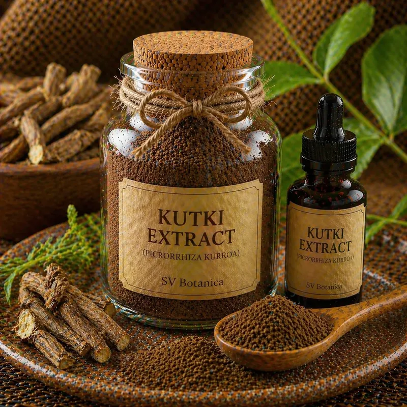 ผงสารสกัดกุฏกี (Picrorhiza kurroa) มาตรฐาน picroside ผงเหง้าสีน้ำตาลอ่อนถึงเหลืองซีด โดย SV Botanica อินเดีย