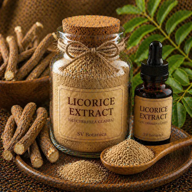 Licorice root extract powder (Glycyrrhiza glabra, mulethi) standardised to glycyrrhizin 20% by HPLC — light to medium brown root extract, SV Botanica India