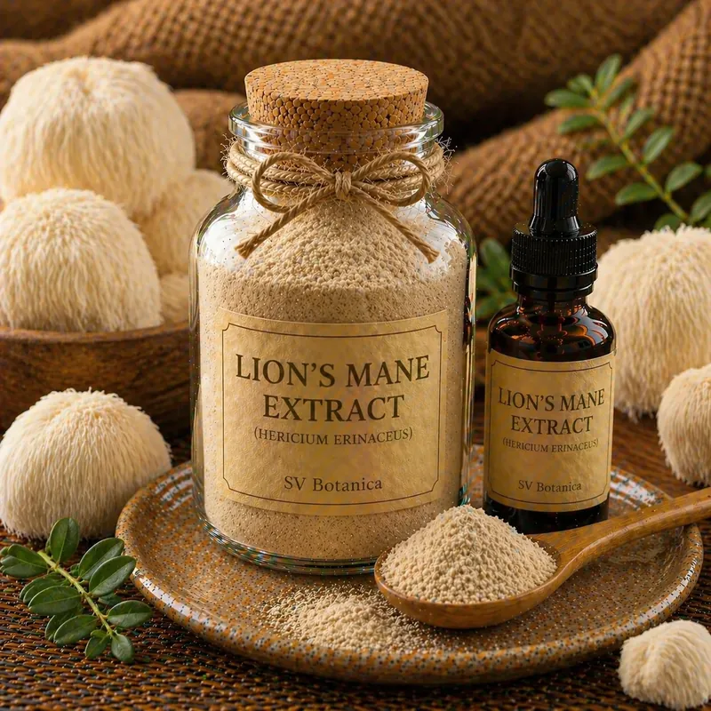Lion's mane extract powder (Hericium erinaceus) standardised to beta-glucans 30% by enzymatic assay — off-white to cream fruiting-body extract, SV Botanica India