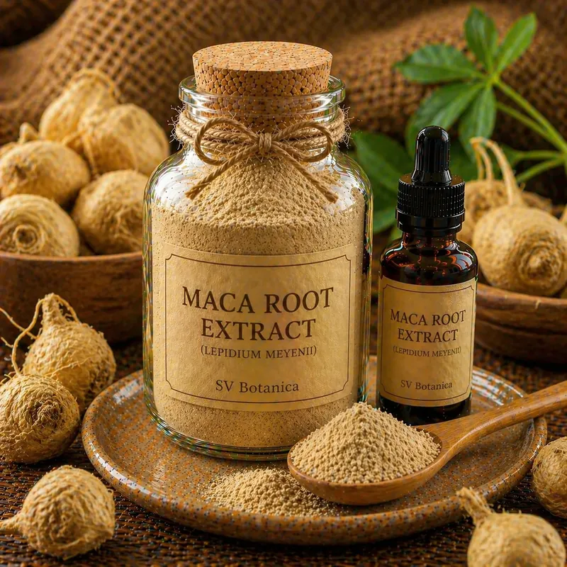 Maca root extract powder (Lepidium meyenii) of declared Peruvian origin with colour phenotype and gelatinisation stated — cream to light beige hypocotyl extract, SV Botanica