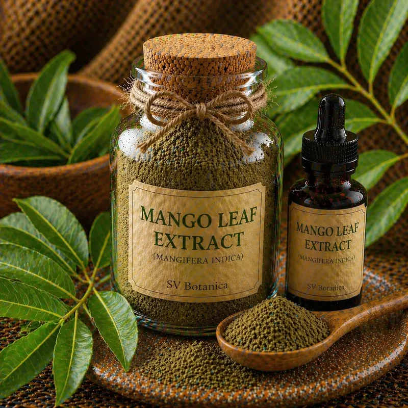 Mango leaf extract powder (Mangifera indica) standardised on mangiferin with botanical source verified — green-brown leaf extract, SV Botanica India