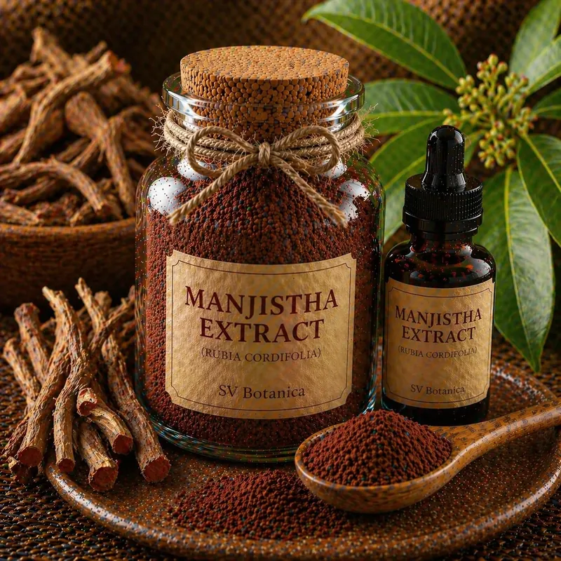 Manjistha root extract powder (Rubia cordifolia, Indian madder) species-verified by HPLC against Rubia tinctorum — red-brown to deep red root extract, SV Botanica India