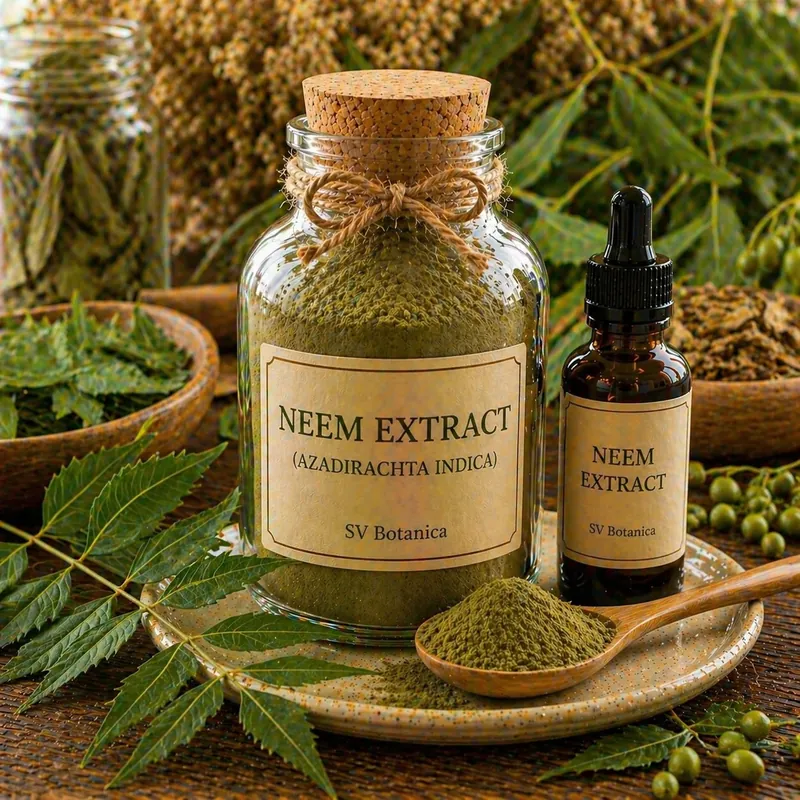 Neem leaf extract powder (Azadirachta indica, nimba) standardised on bitter principles with plant part declared — greenish-brown leaf extract, SV Botanica India