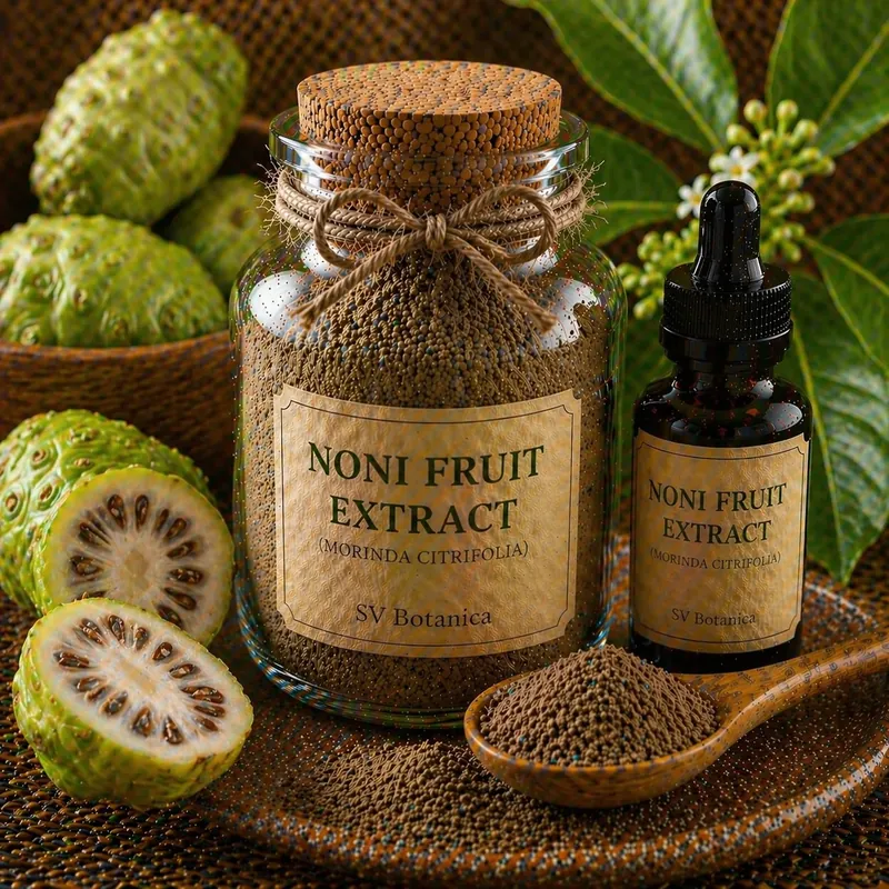 Noni fruit extract and juice powder (Morinda citrifolia) with iridoid markers by HPLC — brown to dark brown fruit powder, SV Botanica India
