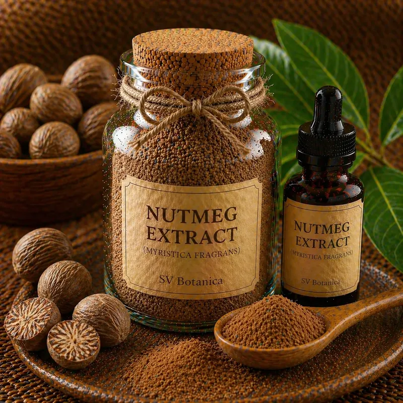 Nutmeg extract powder (Myristica fragrans) standardised for volatile oil by GC — light tan to yellowish-brown kernel extract, SV Botanica India