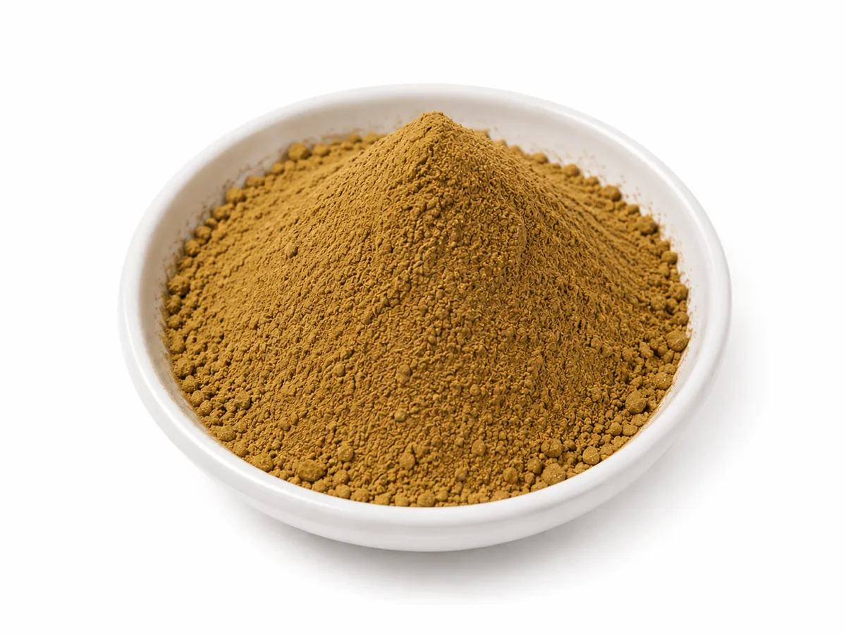 Onion peel extract powder (Allium cepa) — yellow-tan to golden-brown fine quercetin-rich powder in a bowl, SV Botanica India