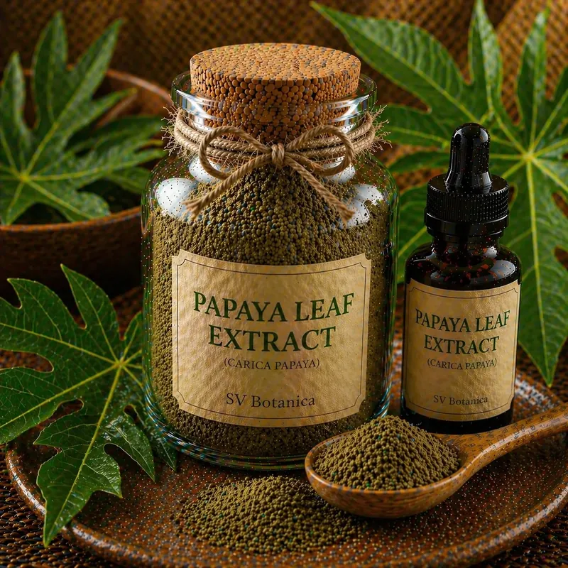 Papaya leaf extract powder (Carica papaya) with carpaine reported by HPLC, leaf blade only — green to green-brown leaf extract, SV Botanica India