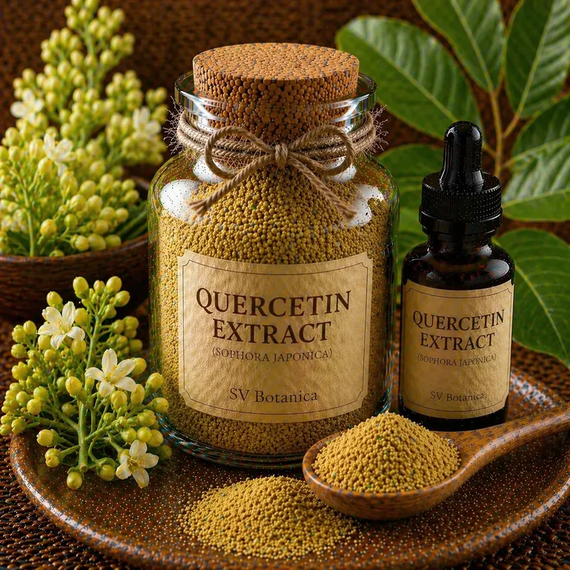 Quercetin extract powder (Sophora japonica) standardised to 95% quercetin by HPLC — yellow to greenish-yellow purified flavonol, SV Botanica India