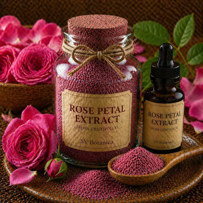 Rose petal extract powder (Rosa damascena, Damask rose) from cultivated food-grade petals — pink-brown to reddish brown petal extract, SV Botanica India
