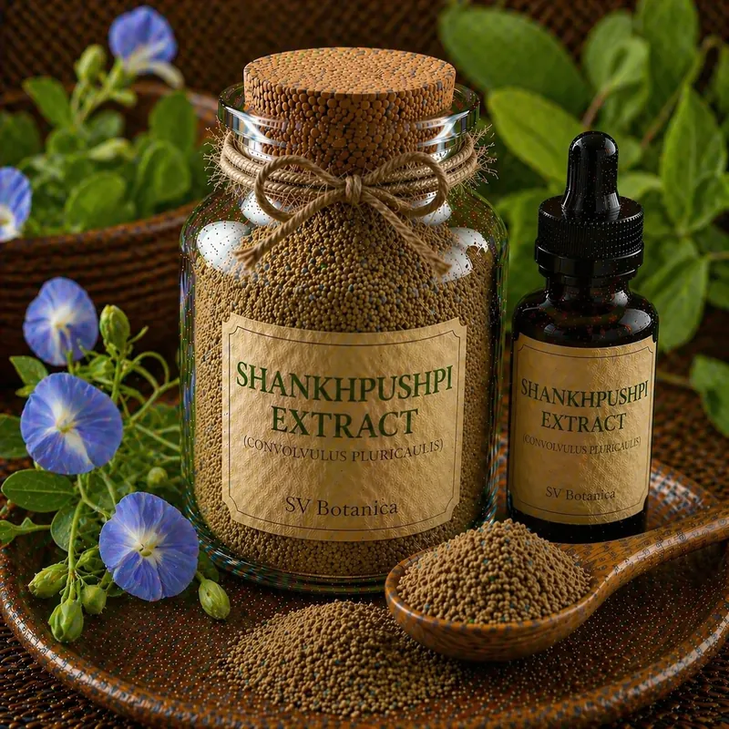 Shankhpushpi extract powder (Convolvulus pluricaulis) with species confirmed against Evolvulus alsinoides and Clitoria ternatea — green-brown whole plant extract, SV Botanica India
