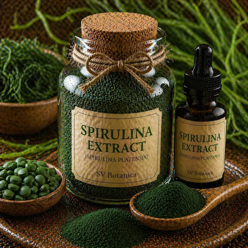 Spirulina powder and phycocyanin extract (Arthrospira platensis) microcystin tested with colour value declared — deep blue-green powder, SV Botanica India