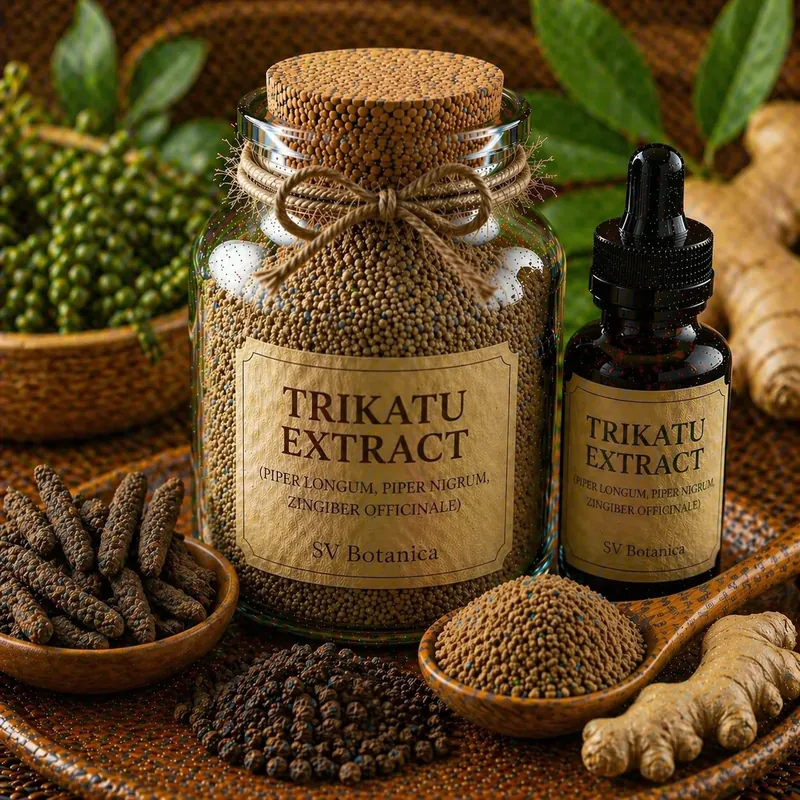 Trikatu extract powder — classical 1:1:1 blend of black pepper, ginger and long pepper standardised to piperine 5–10% by HPLC, dark brown three-spice extract, SV Botanica India