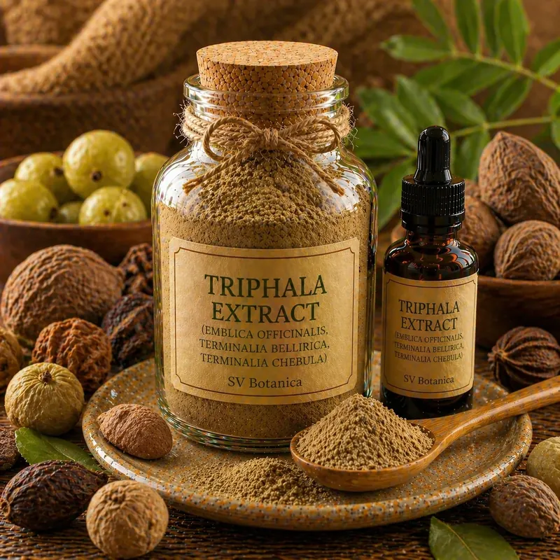 Triphala extract powder — the classical Ayurvedic blend of amla, bibhitaki and haritaki fruit in 1:1:1 ratio, brown to dark brown water-soluble extract, SV Botanica India