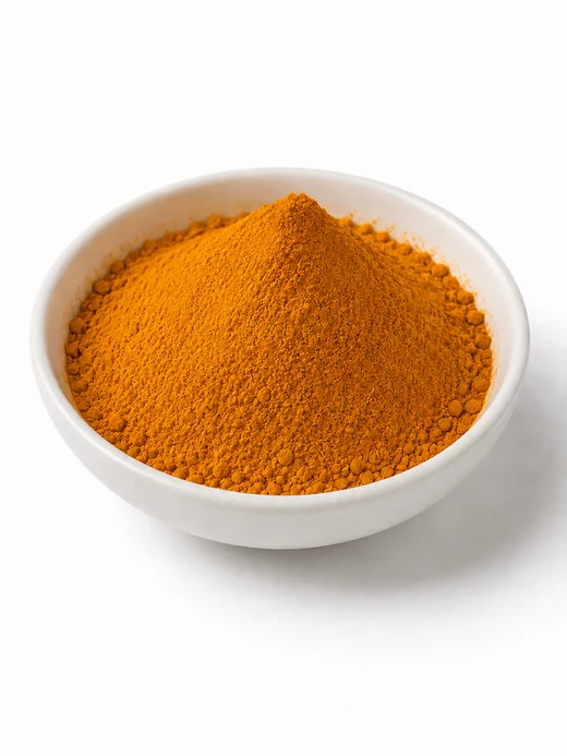 Turmeric extract powder (Curcuma longa) standardised to 95% curcuminoids — bright orange-yellow fine powder with turmeric rhizome, SV Botanica India