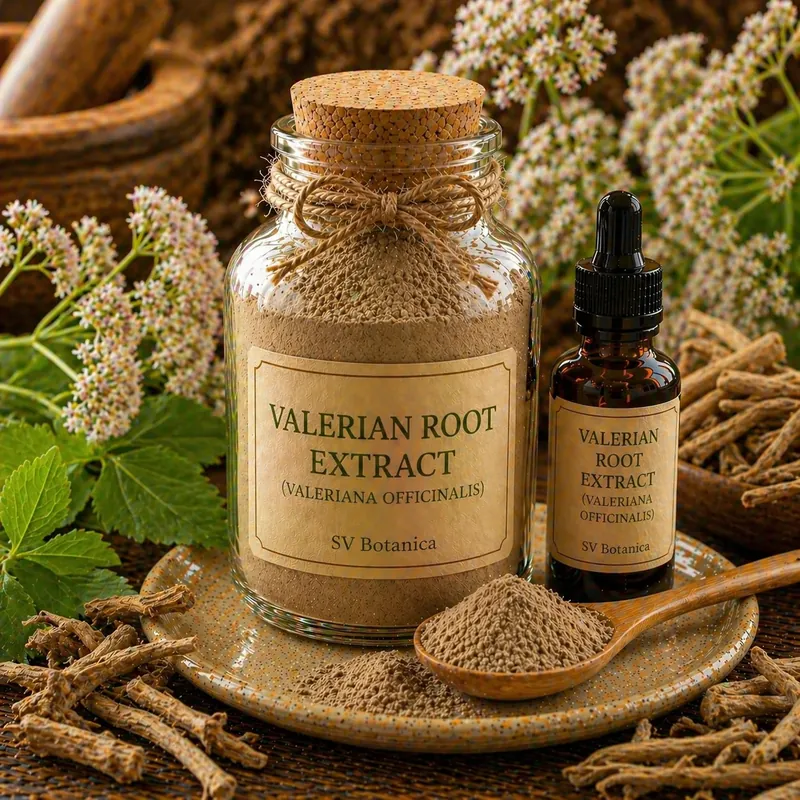Valerian root extract powder (Valeriana officinalis) standardised to valerenic acids 0.8% by HPLC with species declared — light brown root and rhizome extract, SV Botanica India