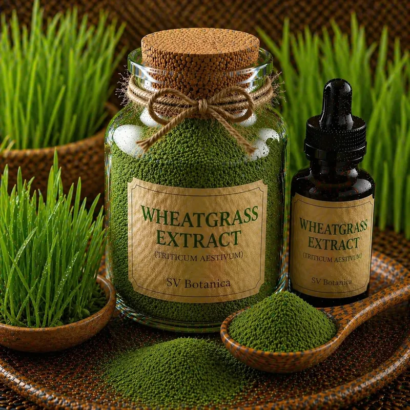 Wheatgrass extract powder (Triticum aestivum) — bright to dark green young-grass juice powder with declared chlorophyll content, SV Botanica India