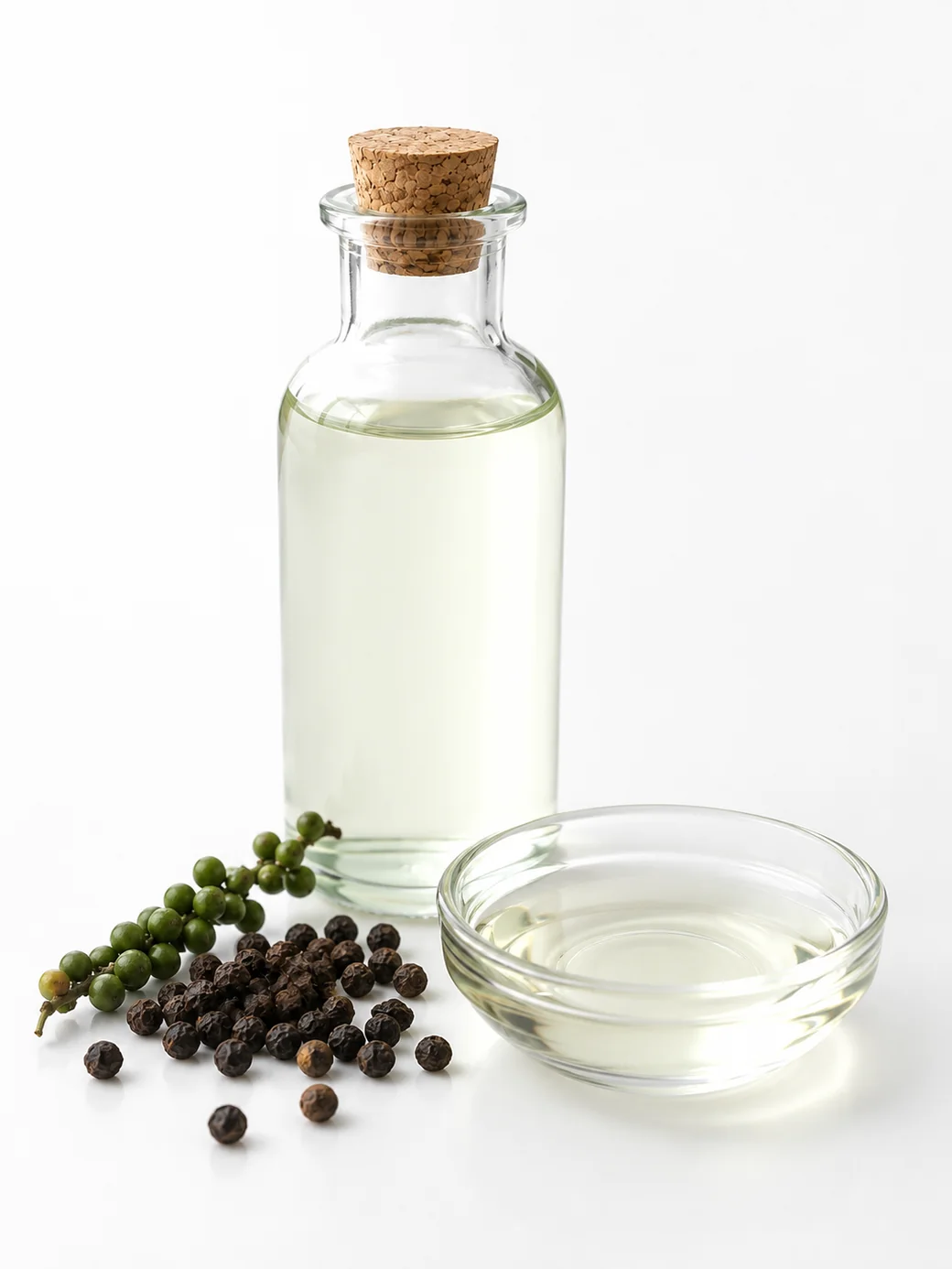 Black pepper essential oil (Piper nigrum) — steam-distilled from dried unripe berries, colourless to bluish-green mobile liquid, SV Botanica India