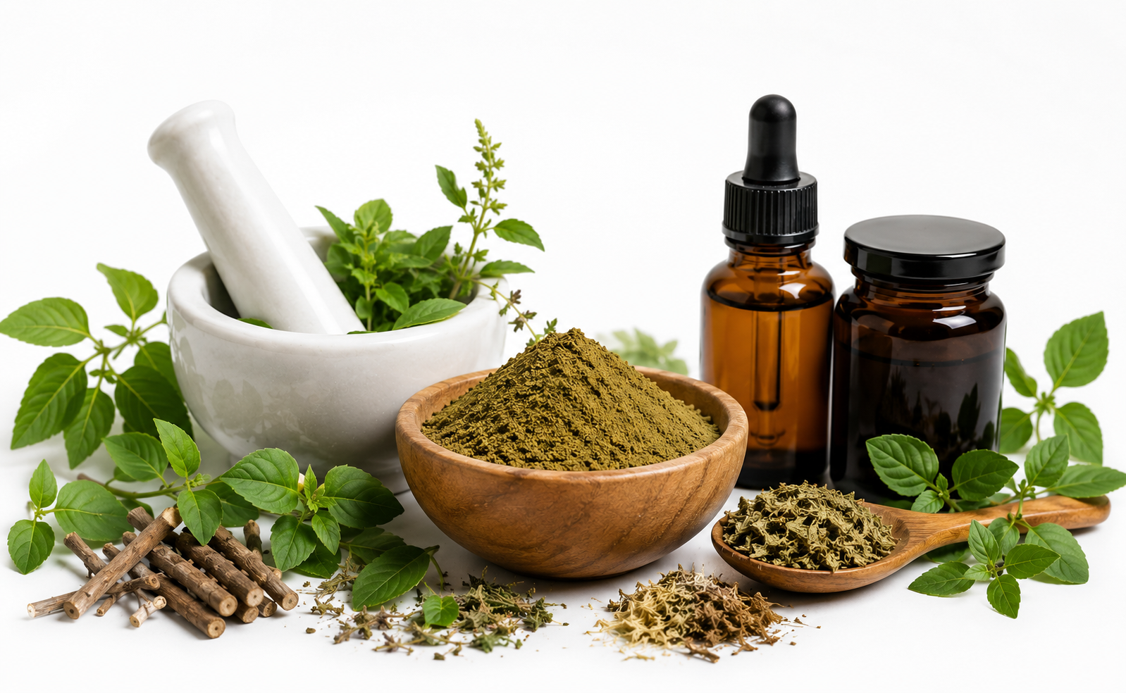 Herbal extracts — mortar and pestle with botanical powders and tinctures