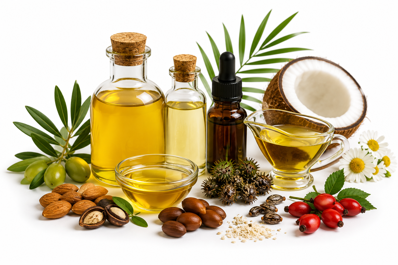 Natural oils — cold-pressed carrier oils in glass bottles with botanicals